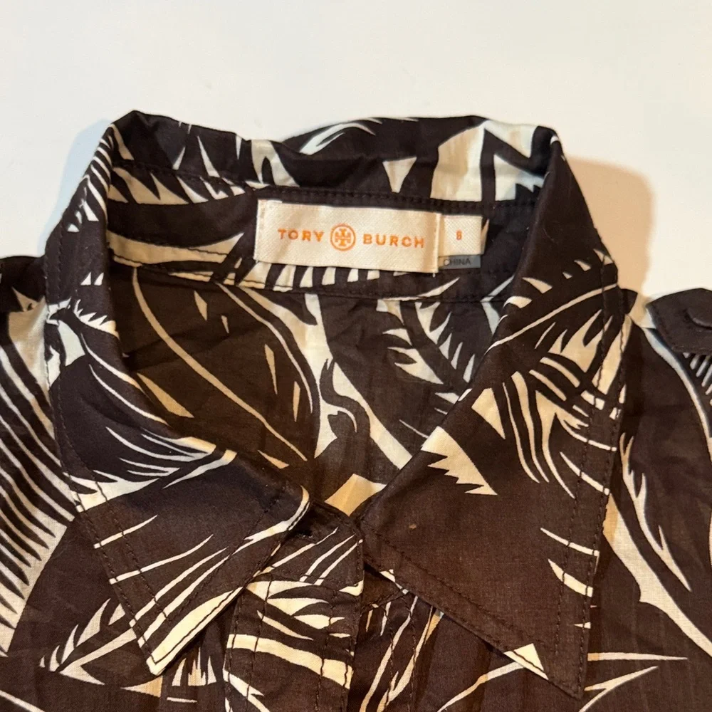 Tory Burch Brown White jungle Leaf Print Blouse sz 8 safari vacation EUC Shirt